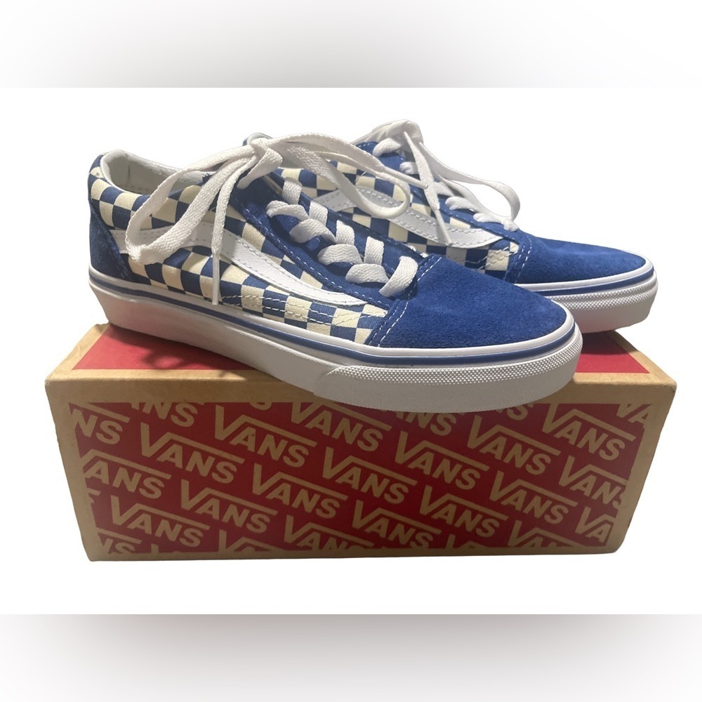 NEW Vans Old Skool (Primary Check) Trubl/Wht Blue Checkered Sneakers Skate Shoes
